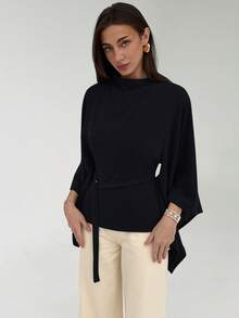 Aloruh Áo kiểu nữ thanh lịch, tay loe, thắt eo, thích hợp mặc đi làm và thu đông. - Màu xanh hải quân - Xem 4