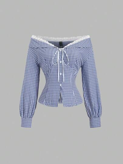 Sweetra Spring/Summer French Lace Patchwork Off Shoulder Romantic Vacation Blue Plaid Bow Tie Blouse For Women