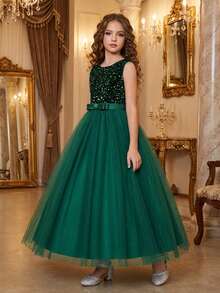 SHEIN 青少年女孩针织圆领无袖网眼后背公主派对连衣裙 - 綠色 - 查看 1