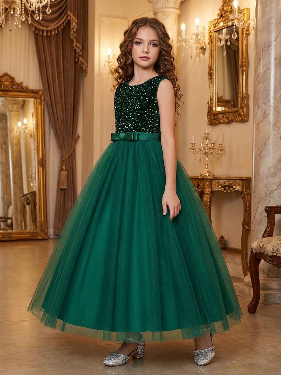 SHEIN 青少年女孩针织圆领无袖网眼后背公主派对连衣裙 - 綠色 - 查看 1