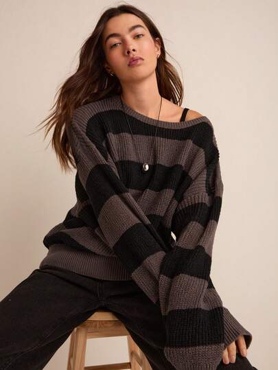 Easelle Women's Loose Fit Drop Shoulder Long Sleeve Striped Casual Sweater, Fall & Winter,Ladies Late Fall Casual Long Sleeve Loose Multicolor Drop Shoulder Pullovers Women Sweaters,Long Sleeve Tops,Off The Shoulder Sweater