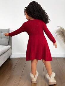 SHEIN 年轻女孩优雅休闲红色亮片毛绒针织罗纹圆领套头衫开叉设计中长连衣裙，适合上学、日常休闲、秋冬、圣诞节红色连衣裙 - 紅色 - 查看 2