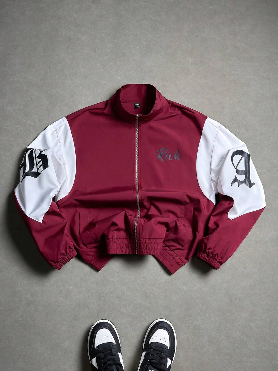 Manfinity Roghcode Men's Casual Contrast Color Letter Print Zip-Up Jacket, Autumn - Multicolor - View 1