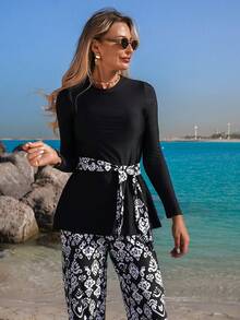 Swim Mulvari 26ss Summer Vacation Beach Resort Middle Eastern Conservative Long Sleeve Long Pants Abstract Paisley Black & White Floral Women Camisole Strap Bikini,New Women's Swimwear ArrivalFor School,Suitable For Holiday, Date, Afternoon Tea, Western, Cruise, Beach, Island, Road Trip, All Seasons, Music Festival, Boho Vacation,Bohemian Vacation, Chill Autumn ,Western Boho ,Elegant Tops For Women Long Sleeve Two Piece Set Modest Two Piece Set Two Piece Set Women Skirt Black And White Maxi Dress Black And White Two Piece Set - Black - View 4