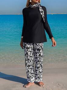 Swim Mulvari 26ss Summer Vacation Beach Resort Middle Eastern Conservative Long Sleeve Long Pants Abstract Paisley Black & White Floral Women Camisole Strap Bikini,New Women's Swimwear ArrivalFor School,Suitable For Holiday, Date, Afternoon Tea, Western, Cruise, Beach, Island, Road Trip, All Seasons, Music Festival, Boho Vacation,Bohemian Vacation, Chill Autumn ,Western Boho ,Elegant Tops For Women Long Sleeve Two Piece Set Modest Two Piece Set Two Piece Set Women Skirt Black And White Maxi Dress Black And White Two Piece Set - Black - View 8