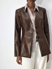 Maija Women's Autumn/Winter Oblique Shoulder Cinched Waist PU Leather Urban Chic Commuter Business Casual Elegant Jacket, Suitable For Christmas, New Year Party And Gathering - Brown - View 9