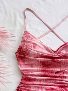 Soleia 女士度假吊带迷你连衣裙，垂褶领口，露背设计，系带蝴蝶结，鱼尾裙摆，性感风格，迷你连衣裙，及膝长度，适合购物、浪漫约会、海滩装扮，网纱面料，年轻少女风 - 彩色 - 查看 6