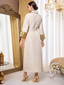 Al Najma Women's Elegant Arabic Style Dress With Collar, Sequin Trim, Waist Tie Detail Kaftan Jalabiya Dress - Apricot - View 6