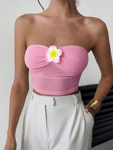 Firerie 女士优雅浪漫新款褶皱紧身网纱露脐抹胸上衣，黄色，适合海滩、度假、派对、音乐节、日常穿着 - 淺粉色 - 查看 4