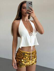 Aloruh 适合音乐节的百搭粉色亮片低腰迷你短裤 - 金色 - 查看 6