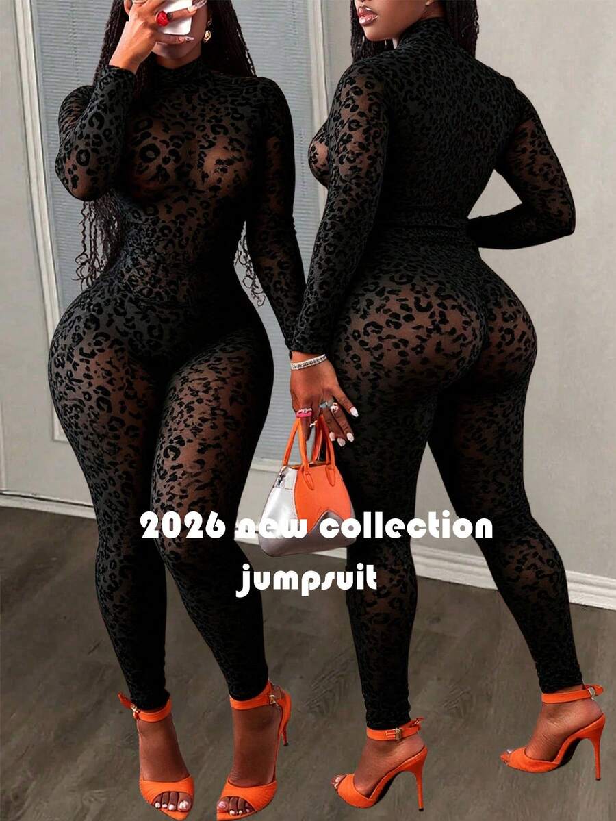 Slaydiva 新款春夏款式，性感优雅的黑色修身豹纹网纱透视长袖连体衣，适合度假、新年、约会、情人节、派对、聚会、夜店、夜总会、购物之旅、嘉年华、音乐节等场合。 - 黑色 - 查看 1