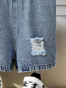 SHEIN 2pcs/Set Unisex Baby Clothes, Baby Boy Casual Cute Bear & Black White Striped T-Shirt And Blue Denim Bib Pants Set, Summer & Spring