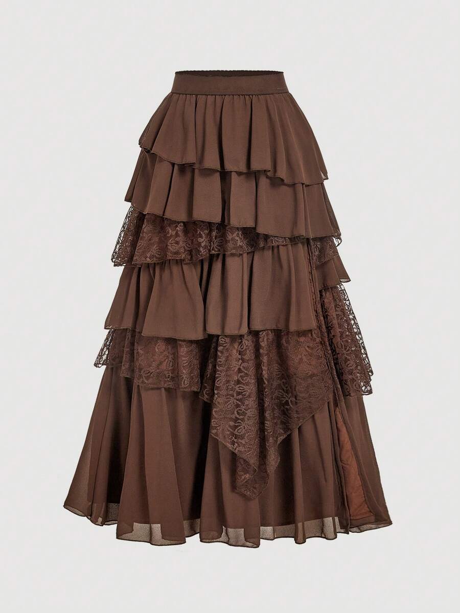 SHEIN MOD 波西米亚西部风情：70年代杏色飘逸雪纺蕾丝长裙——您在金色午后野餐和波西米亚风情冒险中的轻松伴侣 - 棕色 - 查看 1