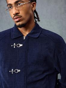 ROMWE MEN Casual 男士秋季长袖纽扣灯芯绒领夹克 - 藍色 - 查看 2