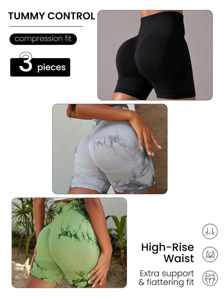 Velisys Velisys 3 Stücke hochgeschnittene einfarbige und Batik-Muster enge Workout Shorts, hochgeschnittene Sporthosen, hochgeschnittene Sporthosen für Damen, Biking Shorts für Damen mit Bauchkontrolle - Verschiedenfarbig - Übersicht 1