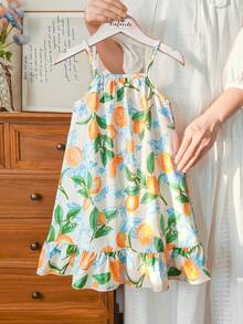 SHEIN Vintaside Kids 女童夏季无袖数码印花休闲吊带连衣裙，适合外出和海滩活动 - 綠色 - 查看 3