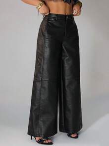 SHEIN PETITE 仿皮阔腿中腰裤 性感外出 秋季 夜晚 冬季 可爱 街头风 感恩节 - 黑色 - 查看 6