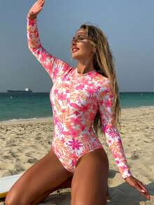 Swim SPRTY Women's Tropical Plant Print Long Sleeve Rash Guard One-Piece Swimsuit - Pink - View 5