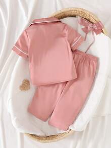 两件套可爱女婴休闲简约短袖衬衫和长裤套装，翻领设计，法式优雅淑女风，返校季，时尚街头风，母女亲子装 - 粉色 - 查看 6