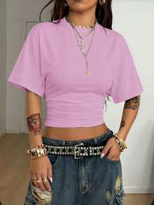 Coolane Women's All-Season Minimalist Y2K Basic Daily Wear Casual Back To School Streetwear Stretchy Loose Ruched Crop Tees,2pcs - Multicolor - View 3