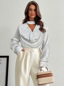 Firerie White,Autumn,Elegant,Office Women's Long Sleeve Blouse Vintage-Inspired Scarf Collar Poplin Top,Business Casual Chic Fitted Luxury Commuter Blouse - White - View 5