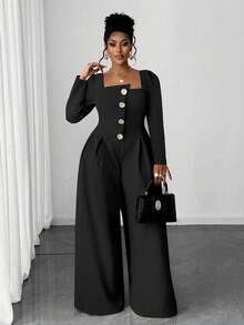 Maweii Plus Size Sexy Long Sleeve Metal Button Wide Leg Jumpsuit - Black - View 1