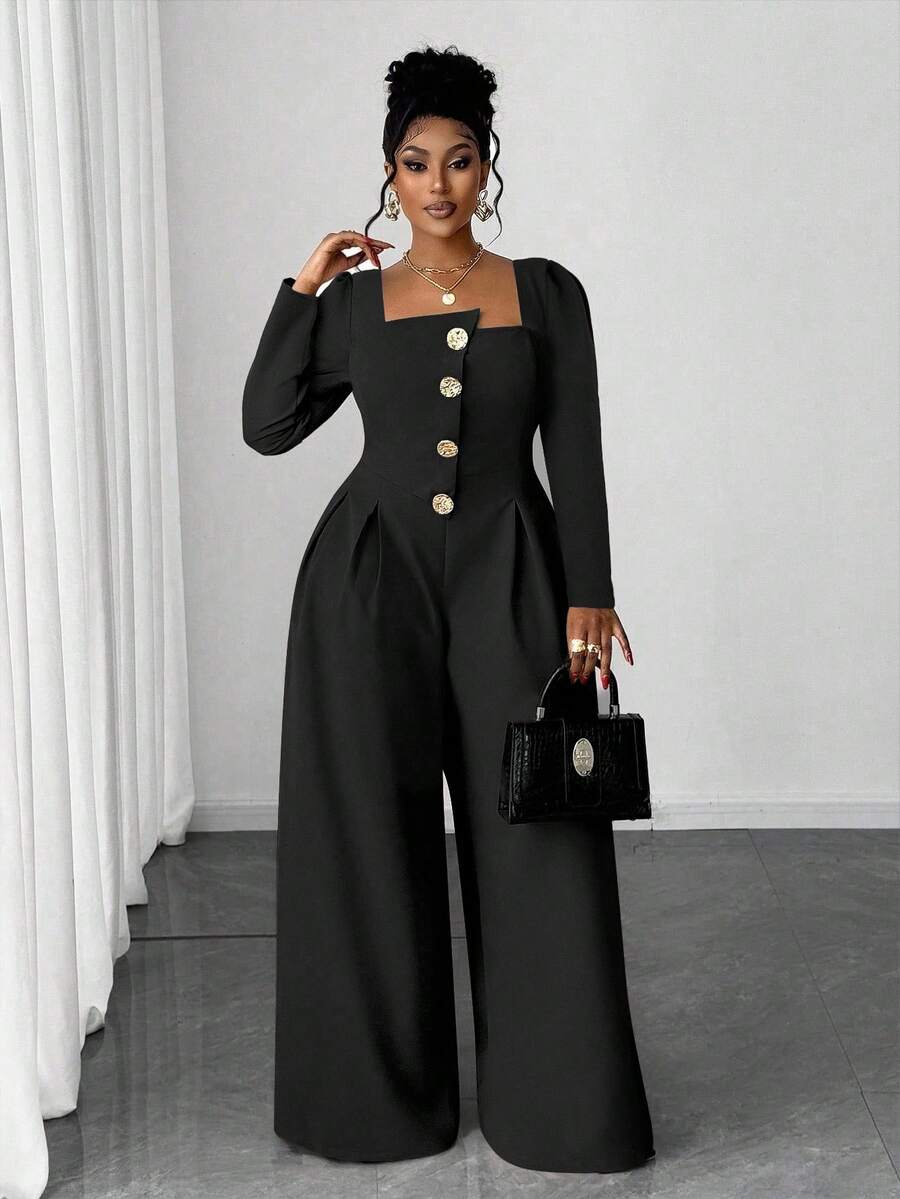 Maweii Plus Size Sexy Long Sleeve Metal Button Wide Leg Jumpsuit - Black - View 1