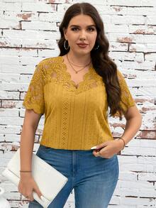 SHEIN Clasi Plus Size Summer Solid Color Contrast Lace Hollow Out Embroidery T-Shirt - Yellow - View 6