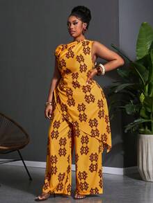 Veslaya Conjunto de top corto con hombros asimétricos y pantalones de pierna ancha con estampado floral amarillo, estilo de festival de música, Pascua, occidental y nómada, adecuado para fiesta de cumpleaños, casual, vacaciones, crucero, playa, fiesta elegante y uso diario, talla grande, primavera temprana 2026 - Multicolor - Ver 5