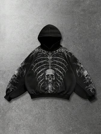 Sudadera con capucha casual de hombre con estampado de calavera, corte holgado