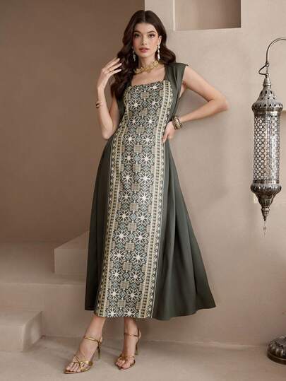 Al Najma New Design Patchwork Cinched Waist Casual Party Vacation Dress Kaftan Jalabiya Dress