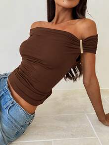 Aloruh Coffee Brown Asymmetrical Shoulder Knit Top - Coffee Brown - View 3