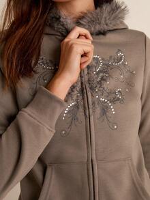 Easelle 女士水钻仿毛领连帽衫 - 灰色 - 查看 6