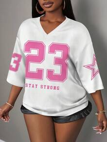 Slaydiva Áo thun nữ họa tiết chữ và số tối giản, thoải mái, phù hợp cho mùa hè - trắng - Xem 4