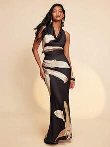 Travachic Đầm buộc dây cổ cổ họa tiết tối giản dành cho nữ - Nhiều màu - Xem 4