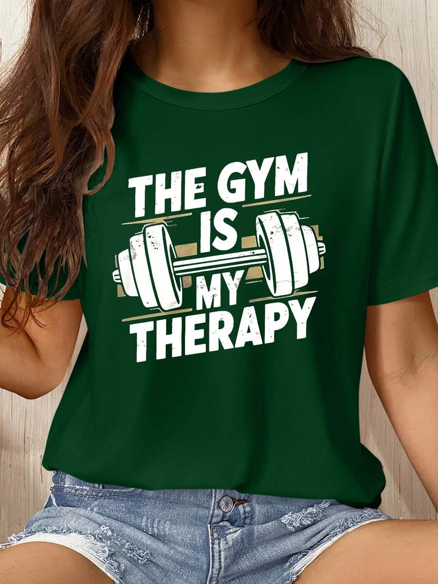 SHEIN LUNE Women Short Sleeve T-Shirt, Comfy Casual Streetwear With Digital Print On Chest, Versatile - Army Green - View 1