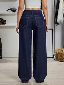 SHEIN Unity Y2K Fashion Patch Pocket Washed Relaxed Straight Leg Jeans - Dark Wash - View 2