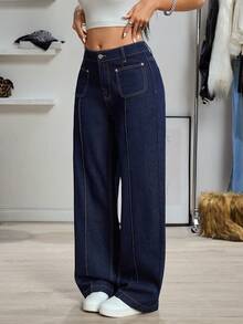 SHEIN Unity Y2K Fashion Patch Pocket Washed Relaxed Straight Leg Jeans - Dark Wash - View 3