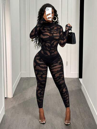 BamGleam Sexig, genomskinlig body i nät för kvinnor