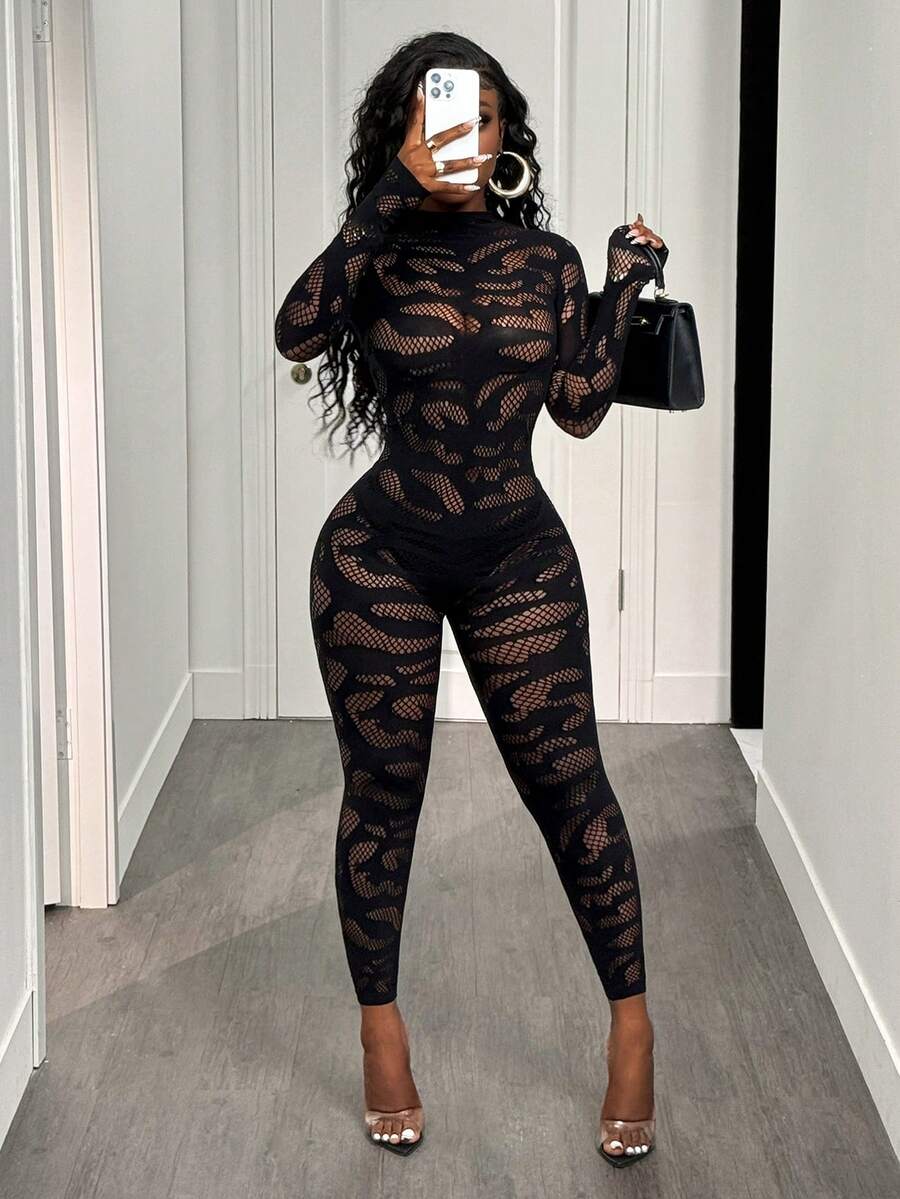 BamGleam Women's Sexy Hollow Out Mesh See-Through Bodysuit