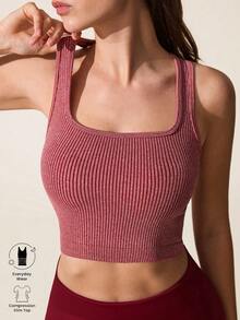 Core Rhythm ملابس علوية رياضية للنساء بياقة مربعة وأكمام ضيقة مصنوعة من خيوط AB، بتصميم دوبامين للياقة البدنية والرياضات الخارجية والتمرينات اليوغا - الأحمر - مشاهدة 1