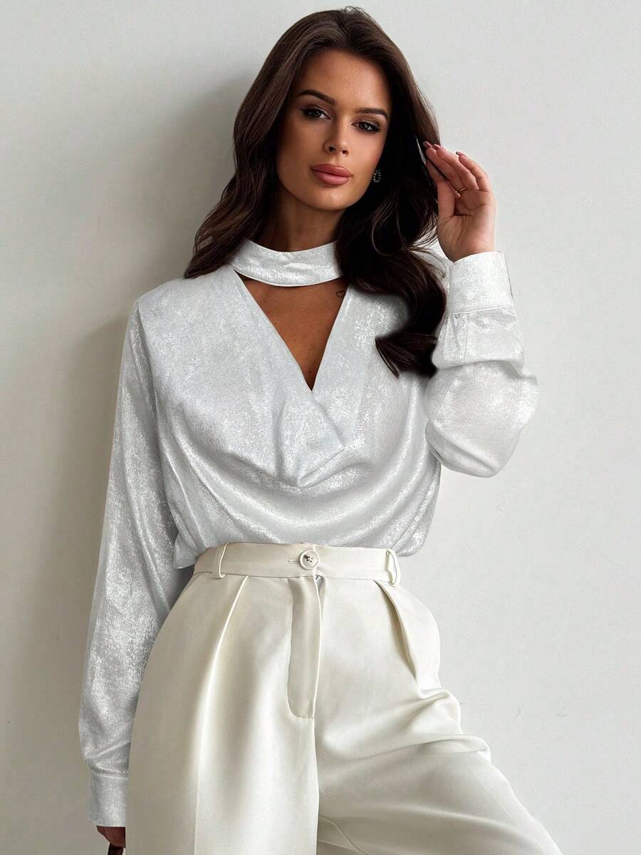 Firerie White,Autumn,Elegant,Office Women's Long Sleeve Blouse Vintage-Inspired Scarf Collar Poplin Top,Business Casual Chic Fitted Luxury Commuter Blouse - White - View 1