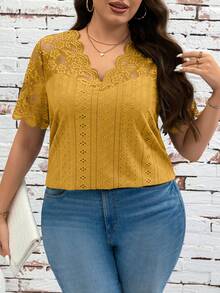 SHEIN Clasi Plus Size Summer Solid Color Contrast Lace Hollow Out Embroidery T-Shirt - Yellow - View 3