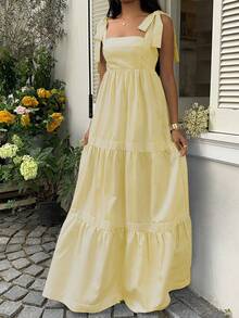 SHEIN Unity Blue Striped Square Neck High Waist Splice Sleeveless Sexy Open Back Tie-Up Maxi Flare Dress, Spring/Summer Resort - Light Yellow - View 5