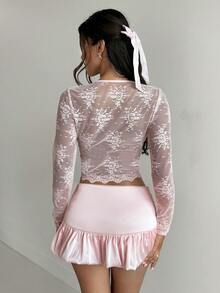 Aloruh Women's Elegant Sexy Romantic Lace Patchwork Tight Waist Top, Suitable For Valentine's Day, Dates, Outings, Gatherings, Spring/Summer - Pink - View 3