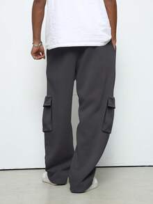 Manfinity Hypemode 男士休闲日常通勤时尚街头纯色抽绳腰带翻盖口袋运动裤 男士工装运动裤 男士宽松直筒休闲裤 男士超大码裤 灰色工装裤 男士工装裤 - 深灰色 - 查看 2