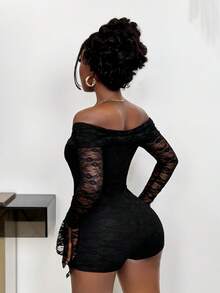 BamGleam 女士优雅纯色蕾丝露肩修身连体衣 - 黑色 - 查看 2