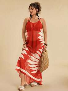 SHEIN TRVLCHIC Plus Size Casual Tropical Beach Vacation Loose Fit Sleeveless Print Long Coverup For Women - Red - View 3