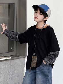 DAZY 青少年男童休闲格子拼接长袖T恤，秋季 - 黑色 - 查看 2