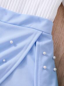 Tween Girl Solid Ribbed Cap Sleeve T-Shirt & Faux Pearl Studded Skort Set Summer Holiday - Blue - View 6